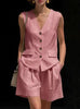 Women’s Cotton Linen Sleeveless Vest Top and Shorts Set by FitiqueFit
