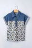 Gray Retro Floral Print Denim Patchwork Buttoned Polo Collar Top by Wild and Free Boutique