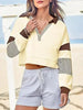 Color‑Block Cropped Polo V‑Neck Sweatshirt by FitiqueFit