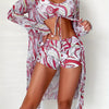 Modern Geo 3-Piece Bikini Set – Vibrant Geometric Print Fluttering Swimwear with V-Neck Top Boxer Shorts Bottoms and Long Sleeve Cover Shirt – Comfortable High-Stretch Women’s Beachwear for Pool & Summer Vacations by Stevvex