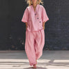 V-Neck Short Sleeve Top & High-Waist Trousers Two-Piece Set by FitiqueFit
