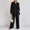 Women's Pleated Long Sleeve Lapel Two-Piece Set – Loose Top & Pants by FitiqueFit