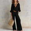 Women's Casual Linen Vacation Set – Three-Quarter Sleeve Top & Full-Length Pants by FitiqueFit