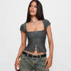 Women's Retro Square-neck Short-sleeve Top With Double Zippers by My Store