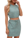 Wave Pattern Design Suit For Women Round Neck Sleeveless Top And Drawstring Design Short Skirt Fashion 2-piece Set Summer Clothing