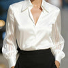 Women’s Satin Lapel Collar Blouse – Sheer Long Sleeve Button-Down Shirt for Office & Spring/Autumn Wear by FitiqueFit