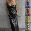 Textured Mirror-Finish U-Neck Slip Maxi Dress with Pockets by FitiqueFit