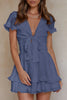 Blue Deep V Neck Self-tie Knotted Front Layered Flare Mini Dress by Wild and Free Boutique