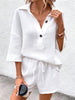 Women's Notch-Lapel Short-Sleeve Top & Belted Shorts Two-Piece Set by FitiqueFit