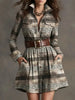 Women's Elegant Plaid Long Sleeve Mini Dress | Belted