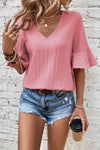 Beau Blue Ruffled Short Sleeve V Neck Textured Blouse