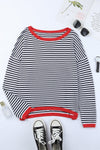 Pink Contrast Trimmed Striped Drop Shoulder Sweater