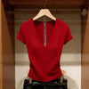 Solid Color Ice Silk Knit Top for Women – Slim-Fit Short Sleeve Elegant Commuter Top by FitiqueFit