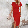 Split V-Neck Bodycon Dress – Slim Fit Short Sleeve Slit Dress by FitiqueFit
