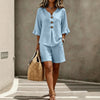 Women's Buttoned V-Neck Ruffle-Trim Top & Shorts Two-Piece Set by FitiqueFit