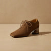 Women's Retro Sheepskin Square Toe Chunky Heel Pumps – Lace-Up Mid Heel by FitiqueFit