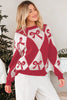 Red Bow Print 2-tone Rhombus Knit Loose Sweater by Wild and Free Boutique