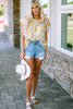 Yellow Floral Print Keyhole Back Short Sleeve Babydoll Blouse
