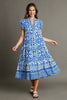 Blue Full Size Two-Tone Print Ruffle Cap Sleeve Midi Dress Plus Size Statement Piece Dress by Stevvex