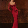 Wine Red Lace Stitching Tied Long Sleeves Dress