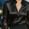 Women’s Satin Lapel Collar Blouse – Sheer Long Sleeve Button-Down Shirt for Office & Spring/Autumn Wear by FitiqueFit