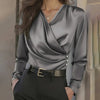 Women's Elegant Cross V-Neck Blouse, Ruffle Detail Button Accent Office Shirt by FitiqueFit