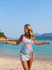 Women's Tropical Palm Print Swimdress — Side Tie & Ruched Tummy Control by FitiqueFit