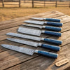 7-Piece Damascus Blue Pakkawood Knife Set with Wood Grain Damascus Blades by JW SteelCrafts