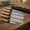 5-Piece Damascus Chef Knife Set Olive Wood Leather Roll with Wood Grain Blades by JW SteelCrafts