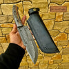 Damascus Hunting Knife with Grey Pinecone Handle | Full Tang + Black Leather Sheath by JW SteelCrafts