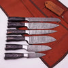 6-Piece Damascus Kitchen Knife Set — Black Wood Handles, Steel Bolsters, Bread, Slicer, Chef, Santoku, Utility & Paring with Leather Roll by JW SteelCrafts