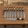 9-Piece Damascus Knife Set Bone and Rosewood Handle — Swirl Damascus Blades by JW SteelCrafts