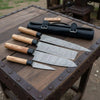 4-Piece Damascus Knife Set Olive Wood Wa Handle & Black Leather Roll by JW SteelCrafts