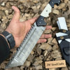 Damascus Steel Tracker Knife with Dual-Tone Bone & Black Handle | Handmade Leather Sheath by JW SteelCrafts