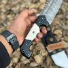 Damascus Steel Tracker Knife with Dual-Tone Bone & Black Handle | Handmade Leather Sheath by JW SteelCrafts