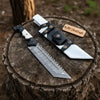 Damascus Steel Tracker Knife with Dual-Tone Bone & Black Handle | Handmade Leather Sheath by JW SteelCrafts