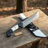 Damascus Steel Tracker Knife with Dual-Tone Bone & Black Handle | Handmade Leather Sheath by JW SteelCrafts