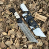 Damascus Steel Tracker Knife with Dual-Tone Bone & Black Handle | Handmade Leather Sheath by JW SteelCrafts