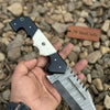 Damascus Steel Tracker Knife with Dual-Tone Bone & Black Handle | Handmade Leather Sheath by JW SteelCrafts