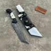 Damascus Steel Tracker Knife with Dual-Tone Bone & Black Handle | Handmade Leather Sheath by JW SteelCrafts