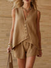 Women's Cotton-Linen V-Neck Button Sleeveless Top & Shorts Set by FitiqueFit