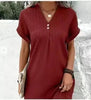 Button-Front V-Neck Dress – Short Sleeve Solid Casual Shirt Dress by FitiqueFit