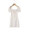 French Style Retro Square Collar Puff Sleeve Rope Lace-up Dress