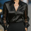 Women’s Satin Lapel Collar Blouse – Sheer Long Sleeve Button-Down Shirt for Office & Spring/Autumn Wear by FitiqueFit