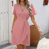 Pleated Cross V-Neck Midi Dress – Tight Waist Short Sleeve Elegant Dress by FitiqueFit