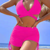Coastal Curve Halter Bikini Set for Women – V-Neck Crisscross Drawstring Swimsuit with Chic Ring Detail & High-Waisted Boxer Shorts for Summer – Sleek Two-Piece Nylon Swimwear for Women’s Beach & Poolside Style by Stevvex