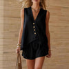 Women's Cotton-Linen V-Neck Button Sleeveless Top & Shorts Set by FitiqueFit