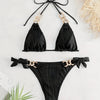Bikini Ruched Texture Golden Chain 2 Piece Triangle Swimsuit for Women – Striped Halter Bikini Set with Bow Tie Side and Elegant Ring Link Detail – Stretchy Beachwear for Pool Bathing and Summer Vacations by Stevvex