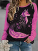 Contrast Color Fox Print Pattern Round Neck Long Sleeve T-shirt