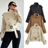Women's Notch-Collar Short Trench Coat with Belt Buckle Detail by FitiqueFit